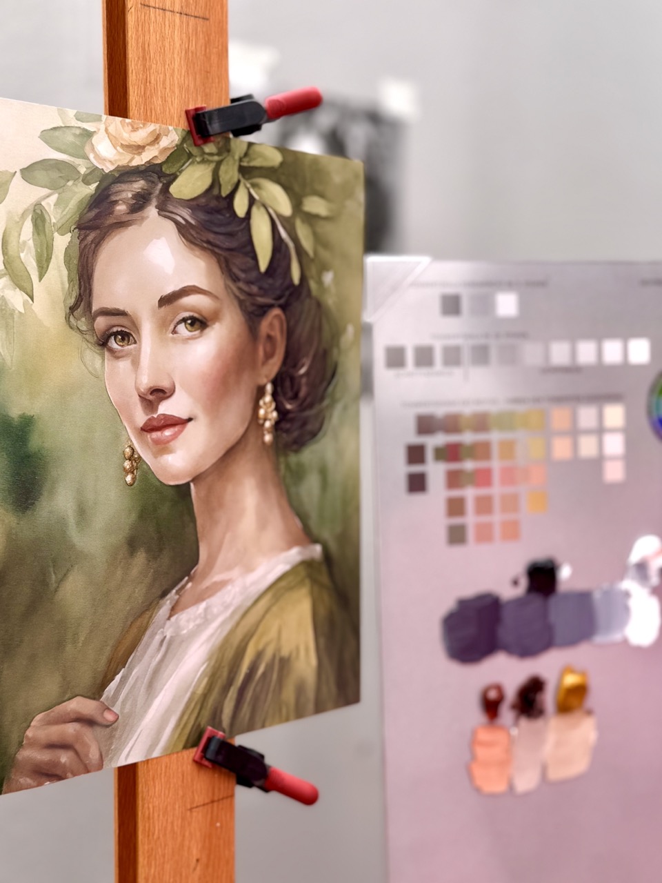 Porträt einer Frau, gemalt mit der innovativen IQPAINTER-Mischpalette und Porträt-Motiv-Inlay.